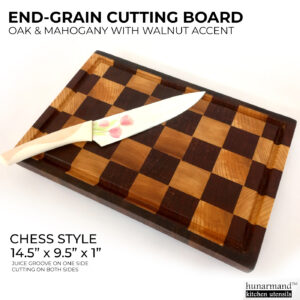 Oak & Mahogany End Grain Cutting Board - 14.5" x 9.5" x 1" Chess Style with Walnut Accent
