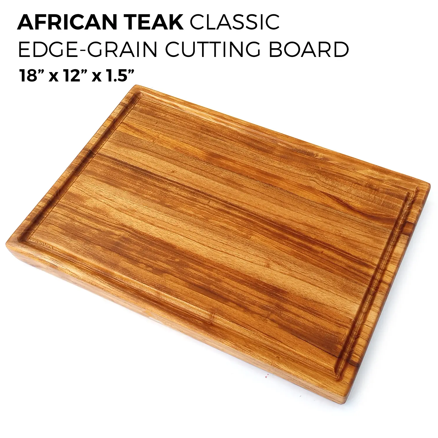 African Teak edge-grain cutting board with juice groove. 18x12x1.5 inches, handcrafted by Hunarmand786.
